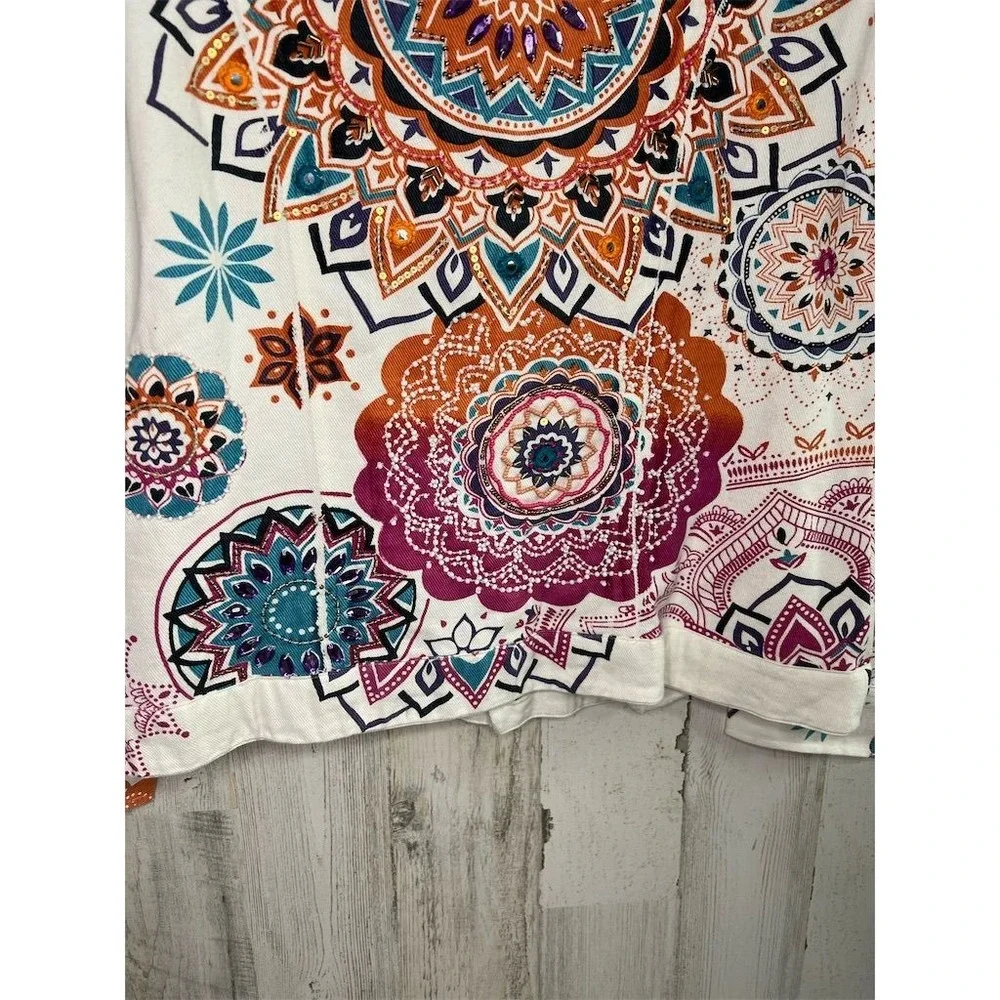 Boston Proper Womens White Mandala Embellished Denim Jacket Size S Boho Beaded - Picture 15 of 16